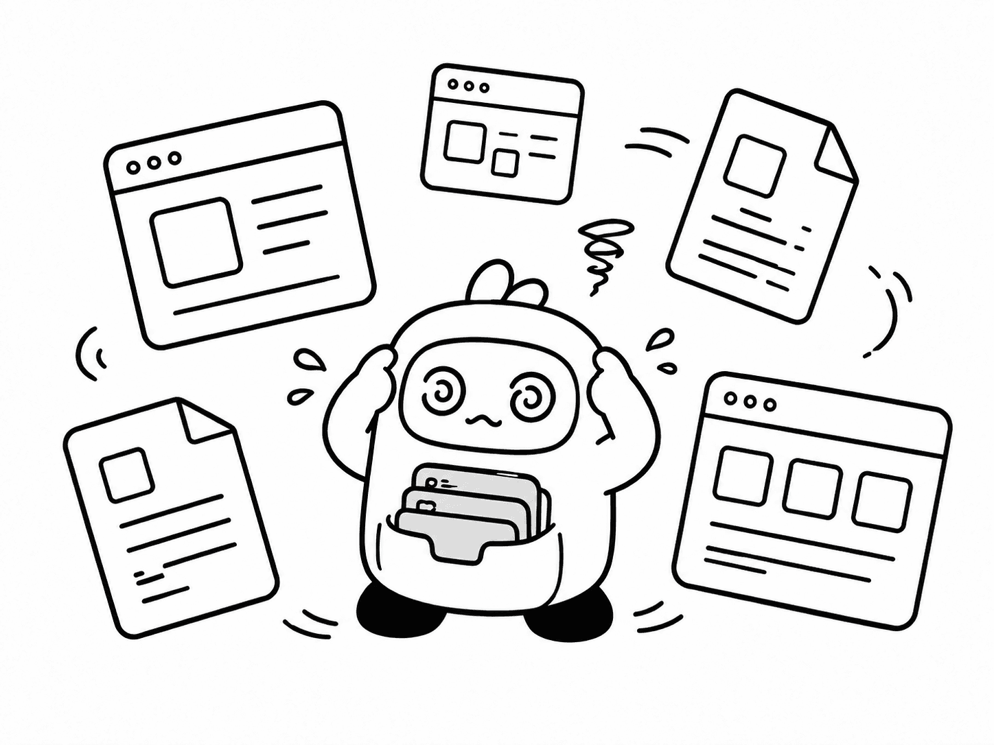 たくさんのブラウザとファイルに囲まれ、目を回すキャラクター