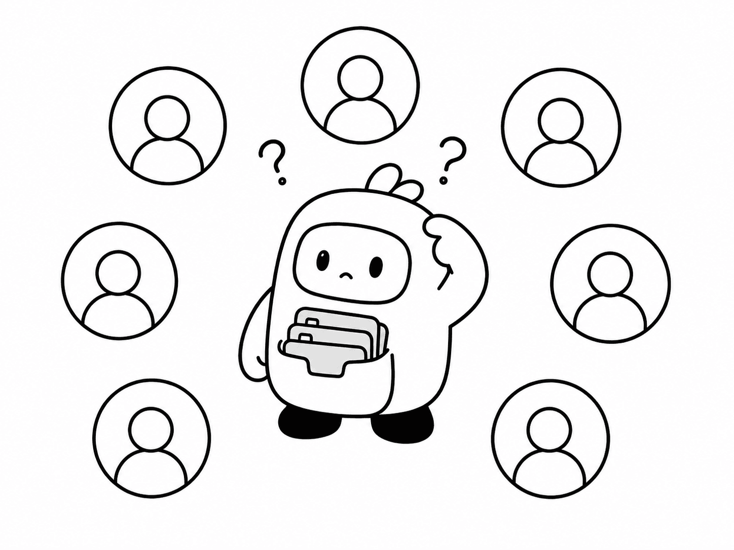 同じユーザーアイコンに囲まれ、どのアカウントか迷うキャラクター