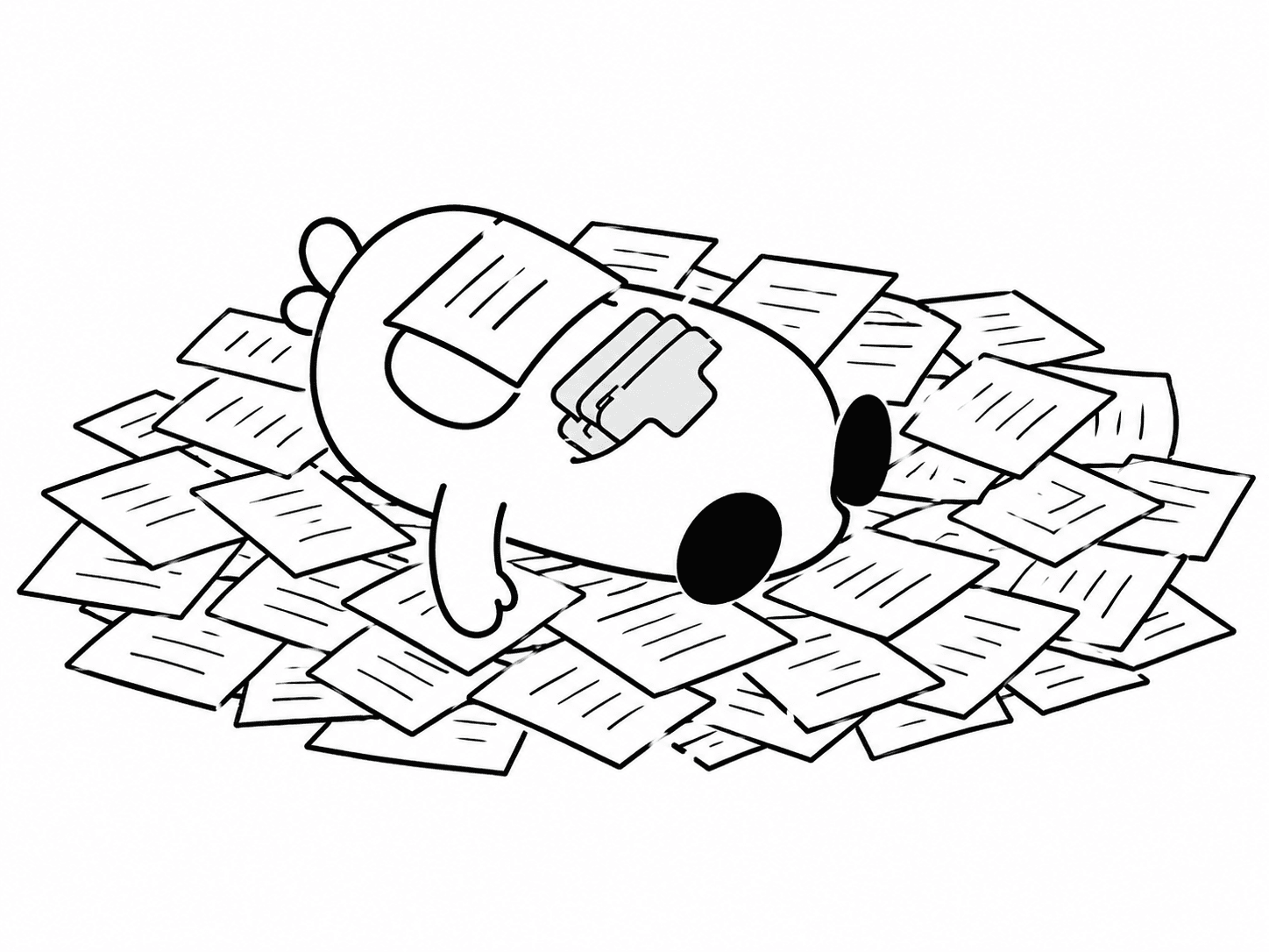 床に散らばった資料に寝そべり、顔にも紙がのったキャラクター