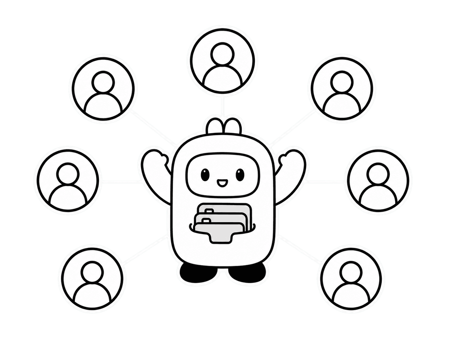 笑うキャラクターに7つのアカウントが線でつながるイラスト